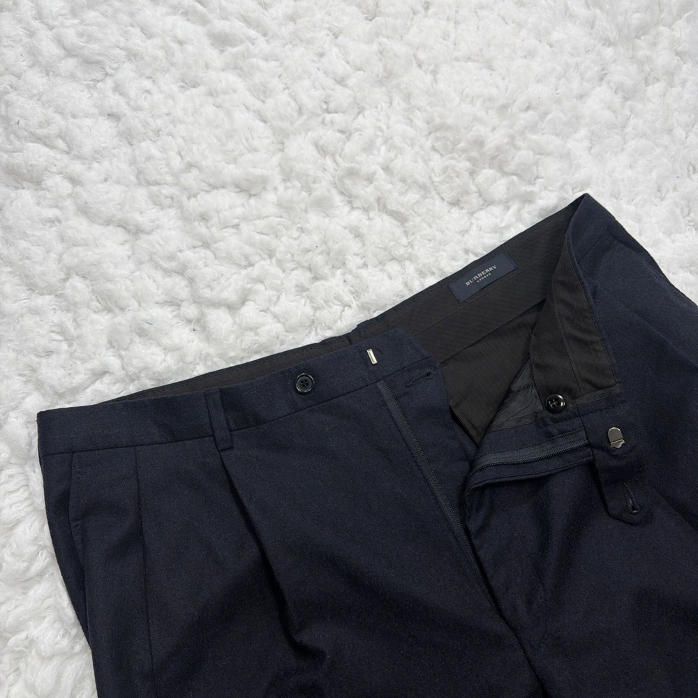 Burberry London Wool Dress Chino Pants Navy Blue Straight Leg Pleated Mens 38x31